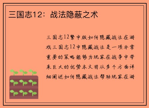 三国志12：战法隐蔽之术